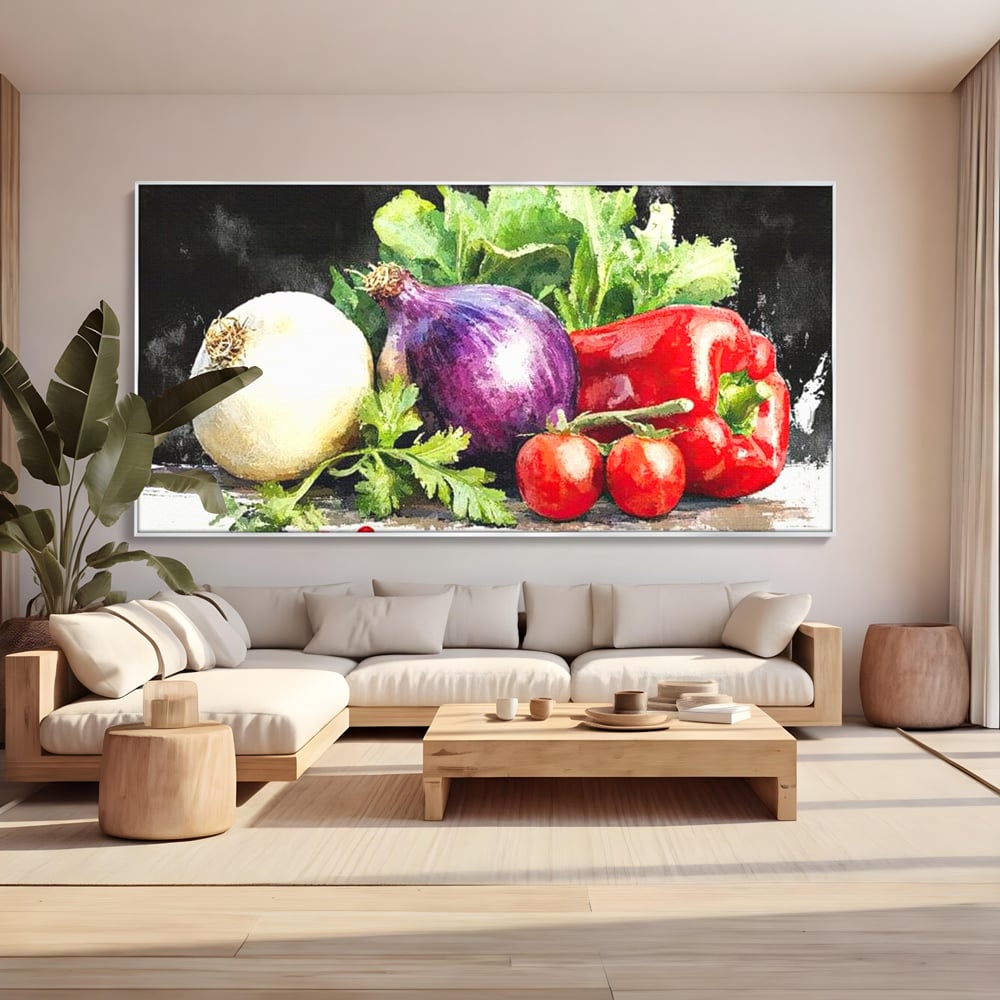 Tablou canvas cu pictura cu legume proaspete si verdeturi, in rama de aluminiu argintiu, pe perete intr-un living